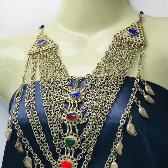 Multilayers Bib Necklace With Dangling Massive Pendant and Multicolor necklace - Picture 5 of 8